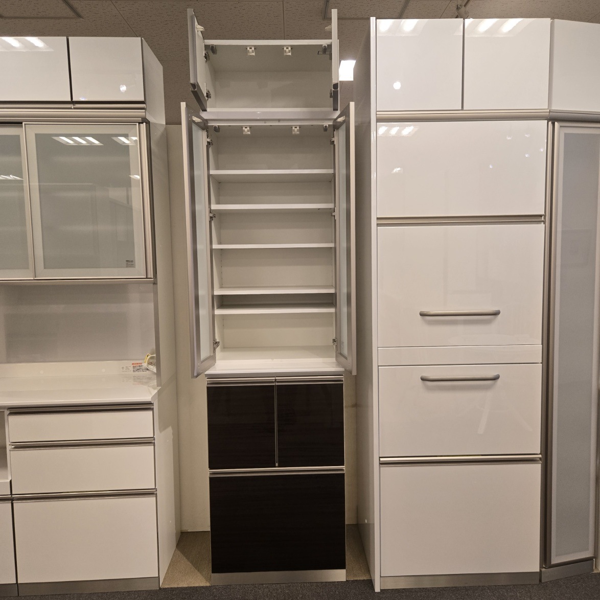 食器棚3点セット「オパール」ダークブラウン色 幅60.2cm/アウトレット＆リワース大阪南港展示品