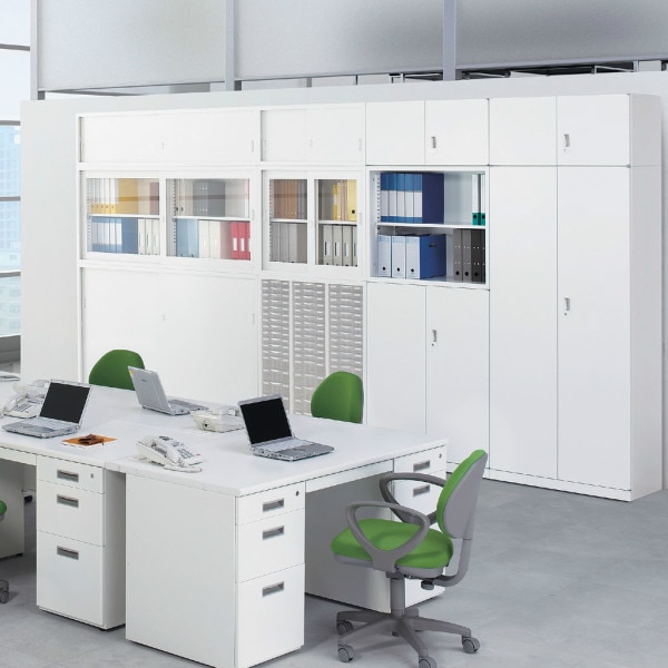 オフィス用スチールキャビネット 書類・ファイル収納 ガラス引き戸 鍵付き