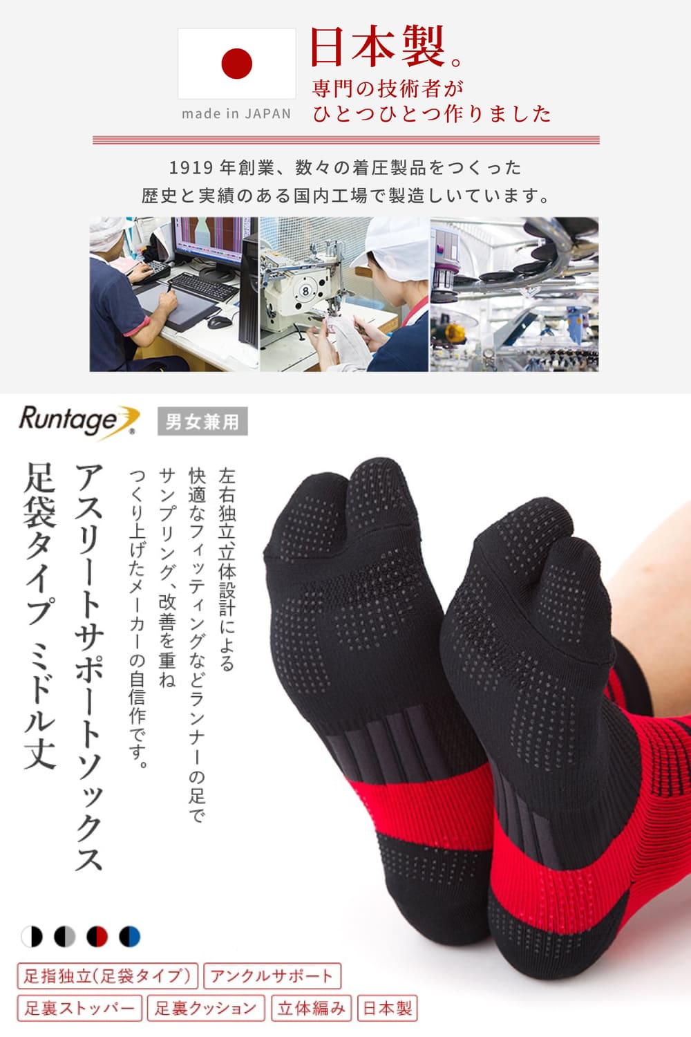 Runtage アスリートサポートソックス 足袋タイプ ミドル丈 男女兼用【単品購入の場合メール便対象商品です※代金引換不可】[M便 1/1]_RSSC05A