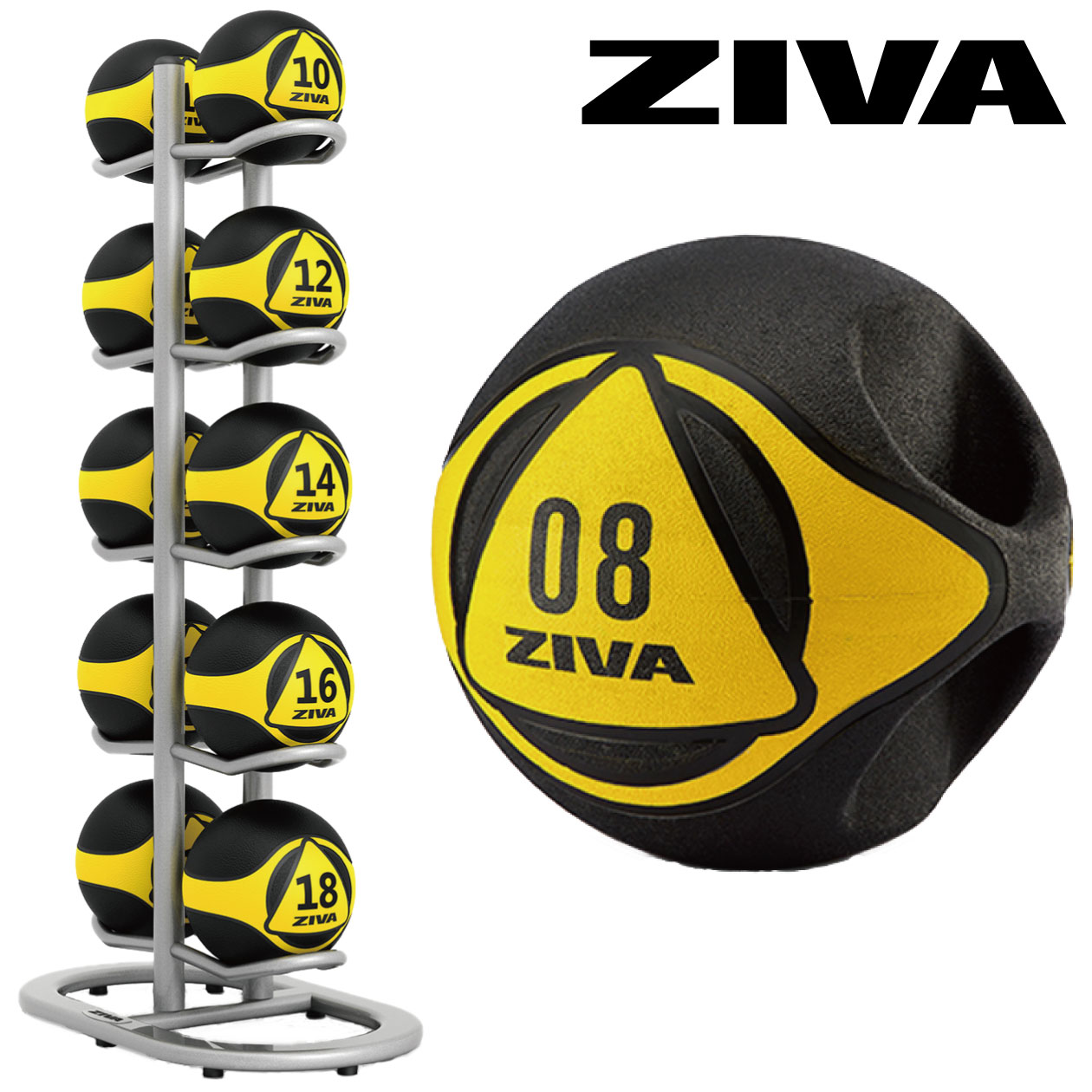 プロ用 ZIVA メディシンボール ９kg デュアルグリップメディシンボール10個＋10マルチボールツリーセット