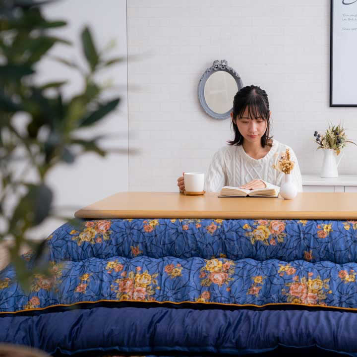 プラーナセット こたつ掛敷布団セット 花柄 大人モダン 国産 日本製 ボリューム 洗える 手洗い 205×285cm  ネイビー プラーナ こたつ布団 単品 正方形 長方形 花柄 エレガンス | い草屋