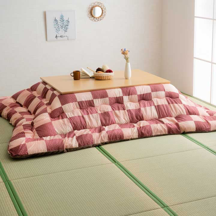 【10月30日まで】こたつ布団 正方形 205×205 cm 市松模様 ピンク こたつ布団 正方形 205×205cm 東レ マシュロン 中綿 ベロア パッチ 花