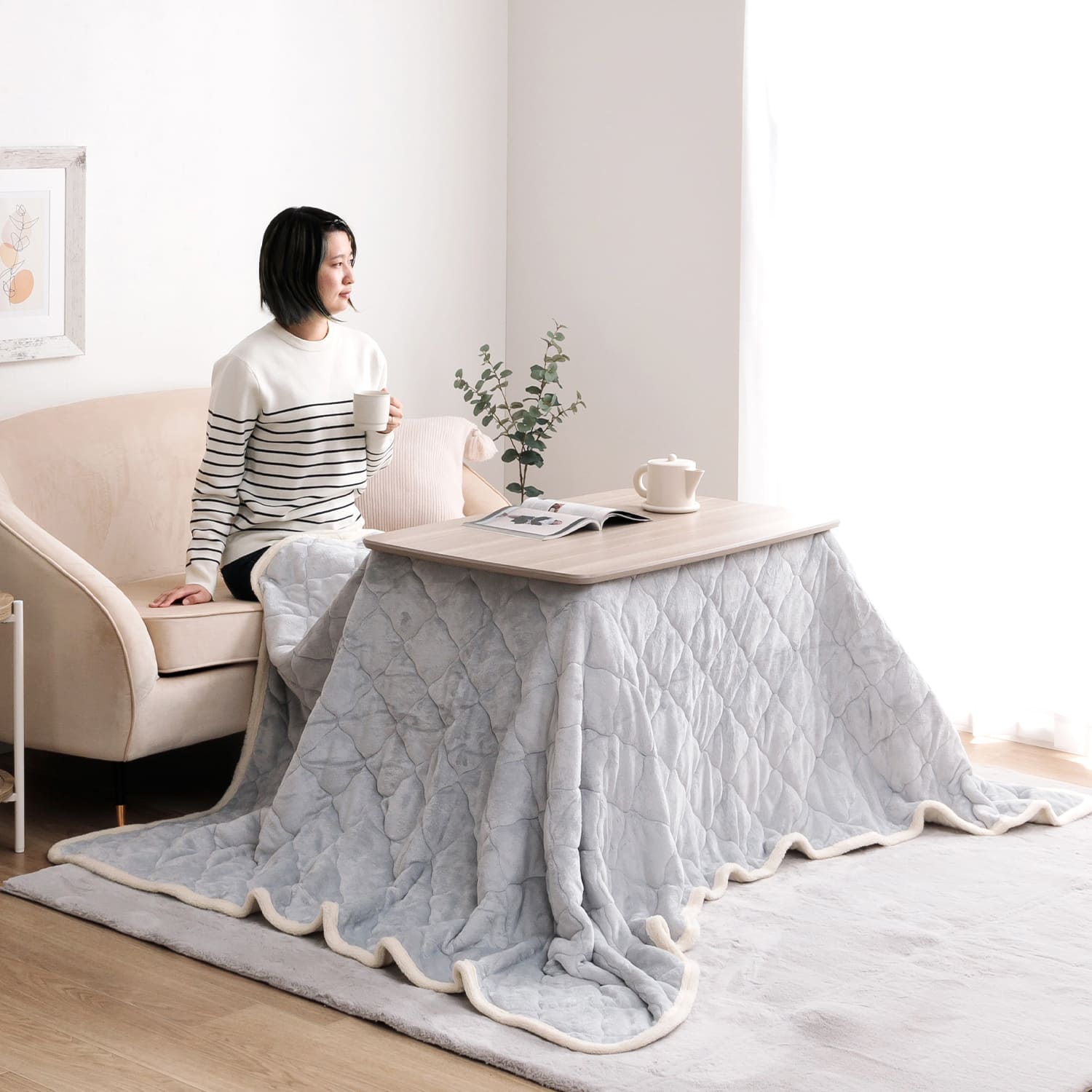 2wayこたつ台+掛布団 2点セット コペルタ こたつテーブル 高さ調整 90×60cm ベース掛布団 フランネル リバーシブル 洗濯機可