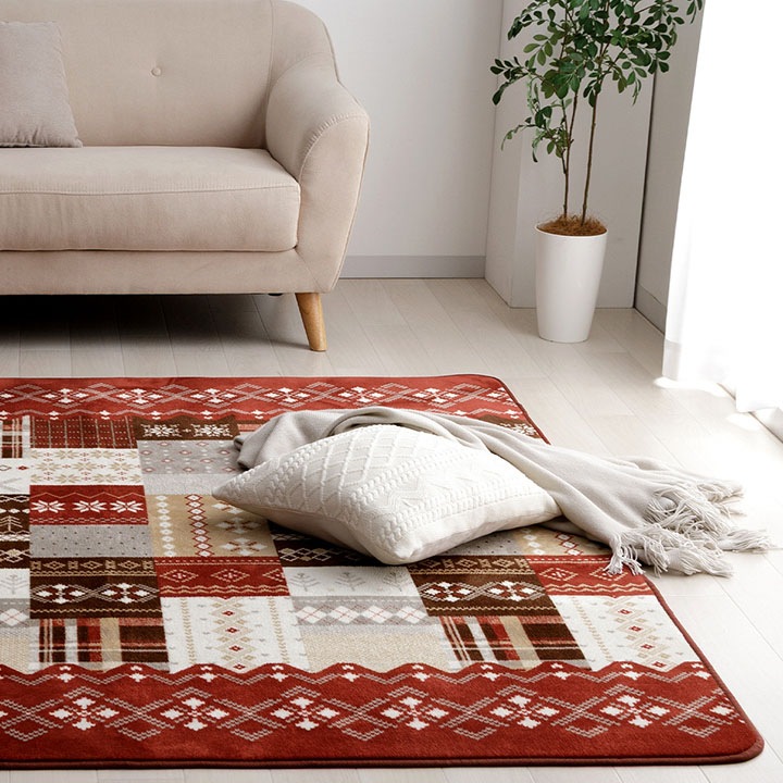 昭和レトロカーペット　インテリアラグ　ノルディック柄マット　洗えるカーペット ラグ フランネル チャーム 洗える ノルディック 90×130cm 180×180cm