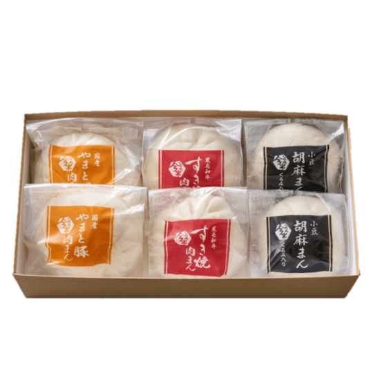 [送料無料]《人形町今半》すき焼肉まん120g・やまと豚肉まん180g・胡麻まん100g（各2個入／合計6個）【冷蔵便】
