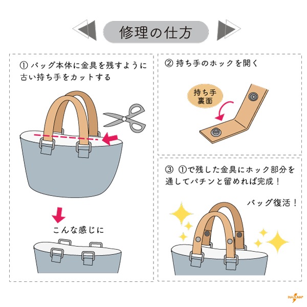 YAT-6121 レザーオンテープホック式持ち手|簡単取り付け ニットバッグにも|全長60cm