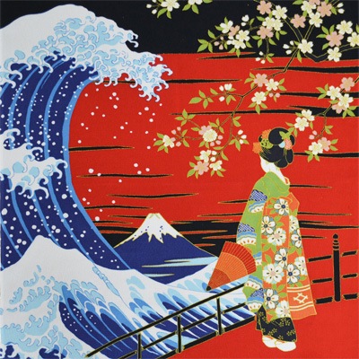 M52-201(京ちりめん風呂敷 浮世絵柄浪裏富士に舞妓 赤)☆お取り寄せ品
