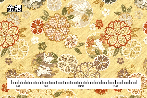 RY403 雪輪兎と八重桜 2m反物 約70cm×2m乱 西陣織金襴