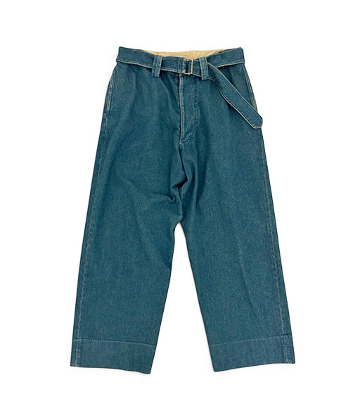 AGED GARMENT WASH BLUE SHUTTLE DENIM BELTED FRENCH ARMY MIL BAGGY TROUSER［IT26S103］【2026SS】