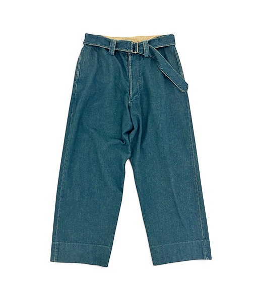 AGED GARMENT WASH BLUE SHUTTLE DENIM BELTED FRENCH ARMY MIL BAGGY TROUSER［IT26S103］【2026SS】