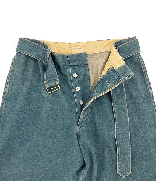 AGED GARMENT WASH BLUE SHUTTLE DENIM BELTED FRENCH ARMY MIL BAGGY TROUSER［IT26S103］【2026SS】