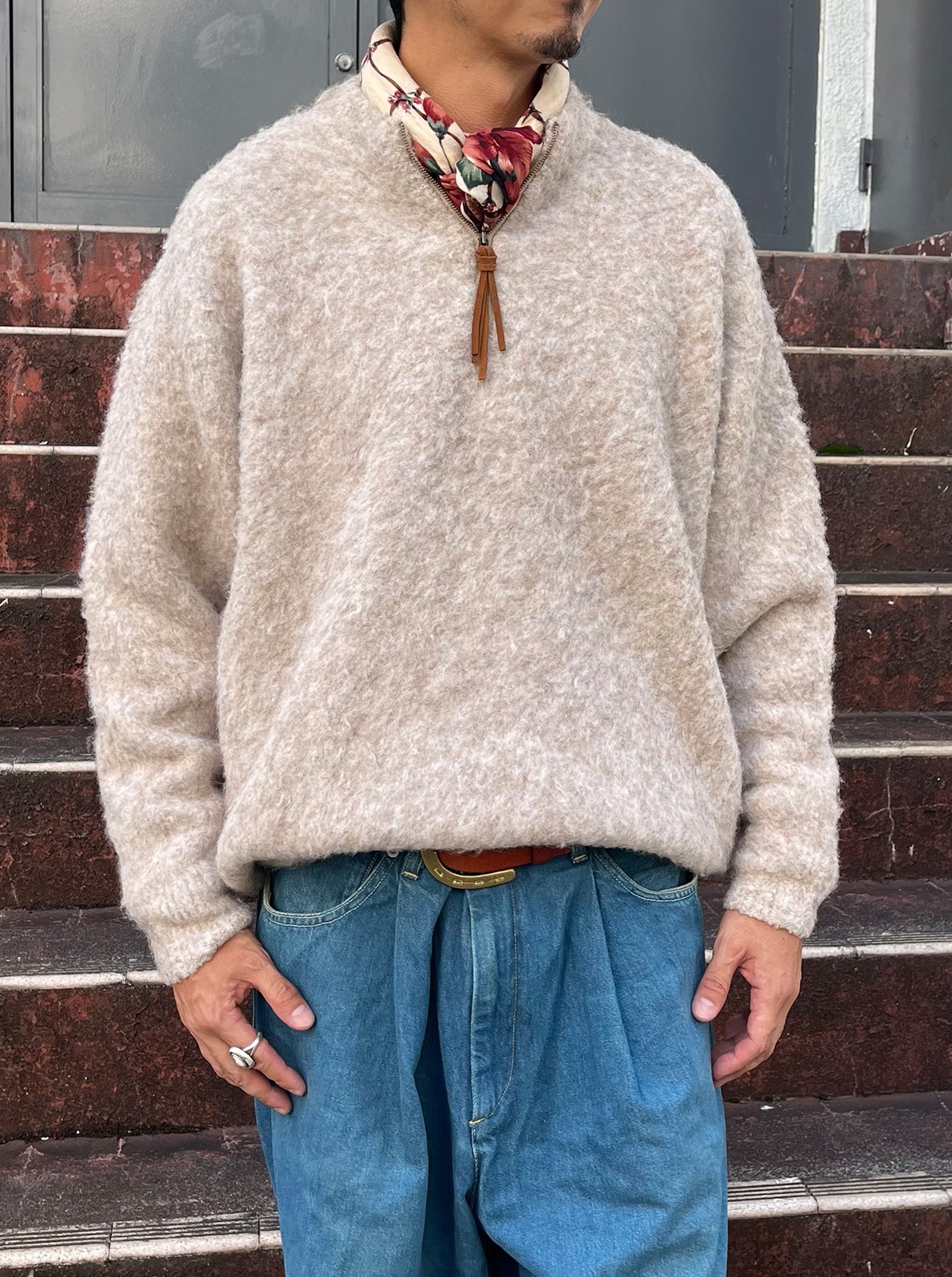 Jaggy Processing Half Zip Crew Neck