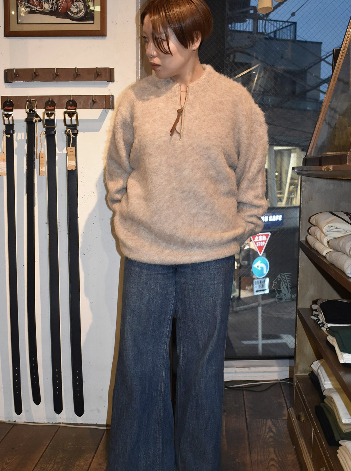 Jaggy Processing Half Zip Crew Neck