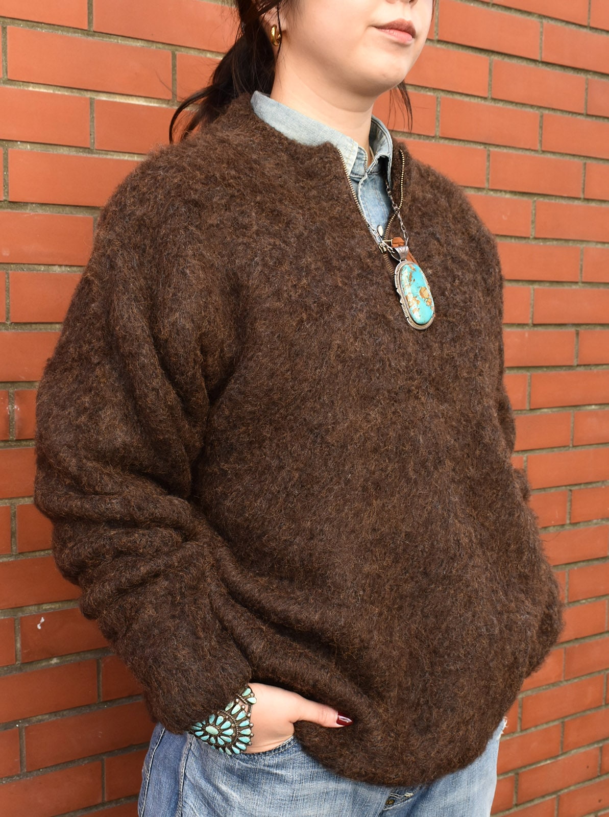 Jaggy Processing Half Zip Crew Neck