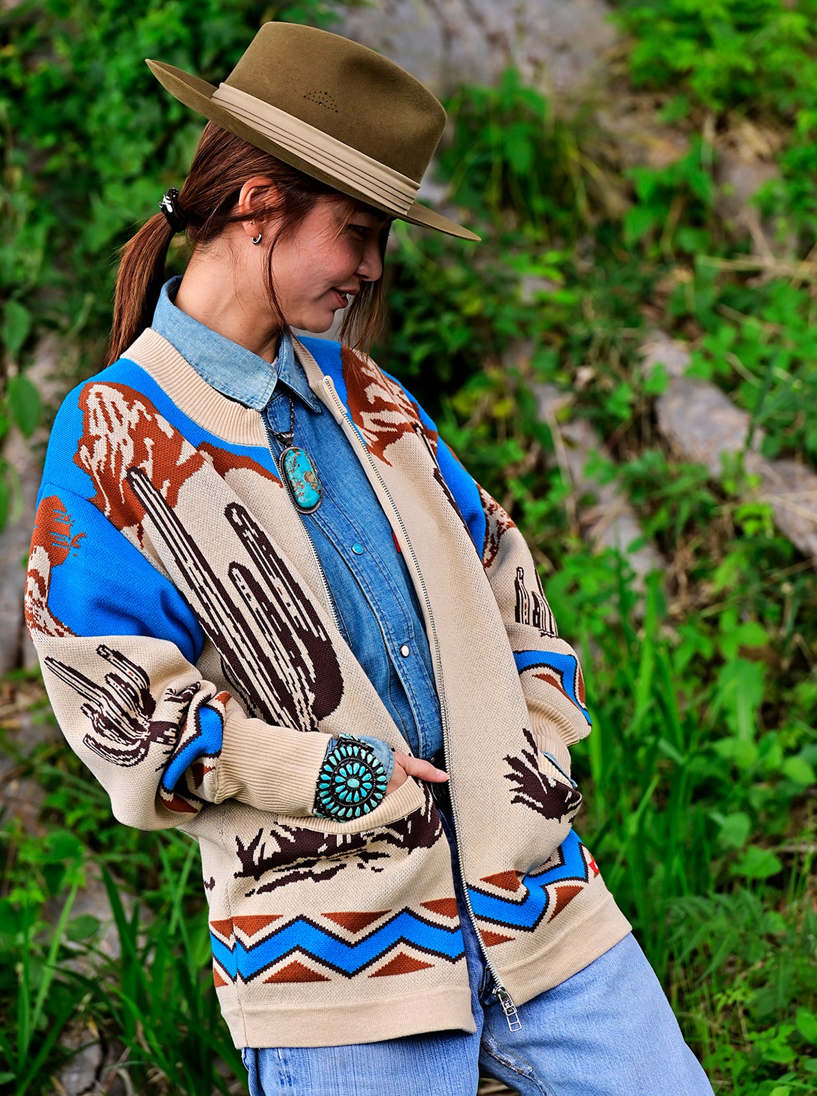 W-Jacquard Zip-up Jacket "CACTUS & RODEO"