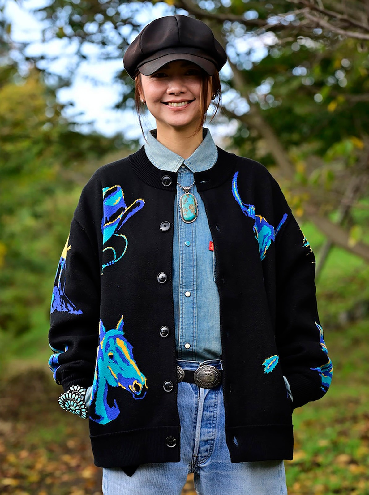 W-Jacquard Crew Neck Cardigan "WESTERN SUNSET"