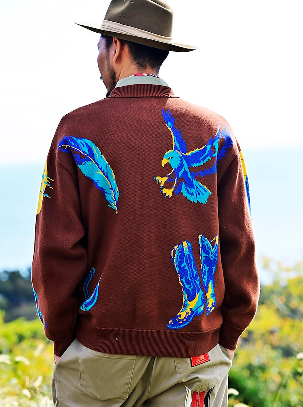 W-Jacquard Crew Neck Cardigan "WESTERN SUNSET"