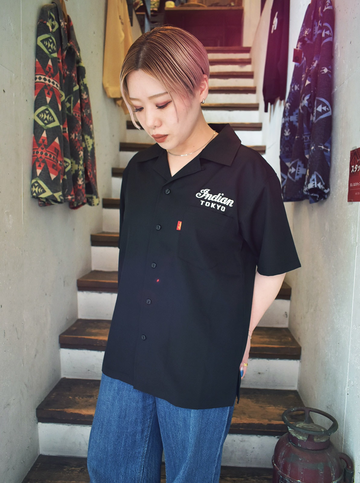 Embroidery Open Collar Shirt "MOTOCYCLE"