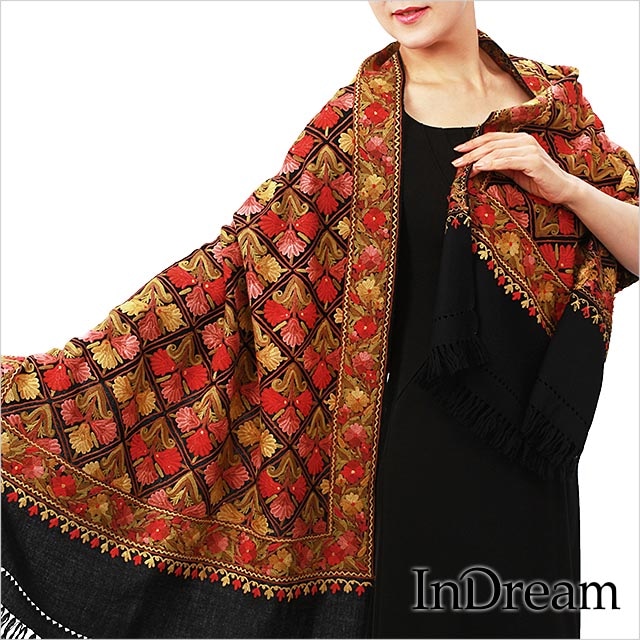 InDream アーリ刺繍ストール 黒 ブラック 08 敬老の日 ギフト おしゃれ 誕生日 プレゼント 着物ショール 春 秋 冬 50代 60代 70代 80代