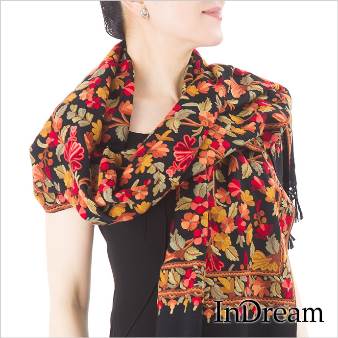 InDream アーリ刺繍ストール 黒 ブラック /レッド グリーン 大判 厚手 敬老の日 ギフト おしゃれ 誕生日 プレゼント 着物ショール 50代 60代 70代 80代