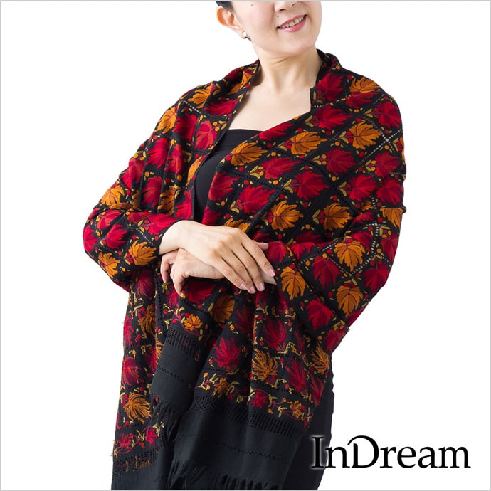 InDream アーリ刺繍ストール 楓柄 黒 ブラック /レッド からし グリーン 敬老の日 ギフト おしゃれ 誕生日 プレゼント 着物ショール 春 秋 冬 50代 60代 70代 80代