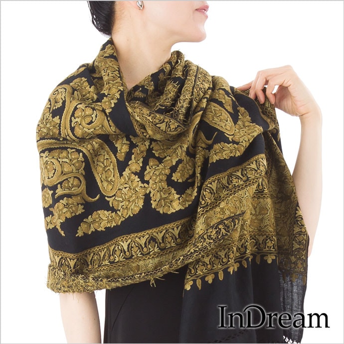 InDream アーリ刺繍ストール 黒 ブラック /カーキ 敬老の日 ギフト おしゃれ 誕生日 プレゼント 着物ショール 春 秋 冬 50代 60代 70代 80代