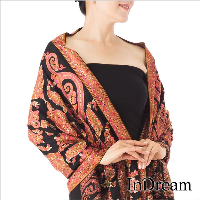 InDream アーリ刺繍ストール 黒 ブラック /レッド 敬老の日 ギフト おしゃれ 誕生日 プレゼント 着物ショール 春 秋 冬 50代 60代 70代 80代