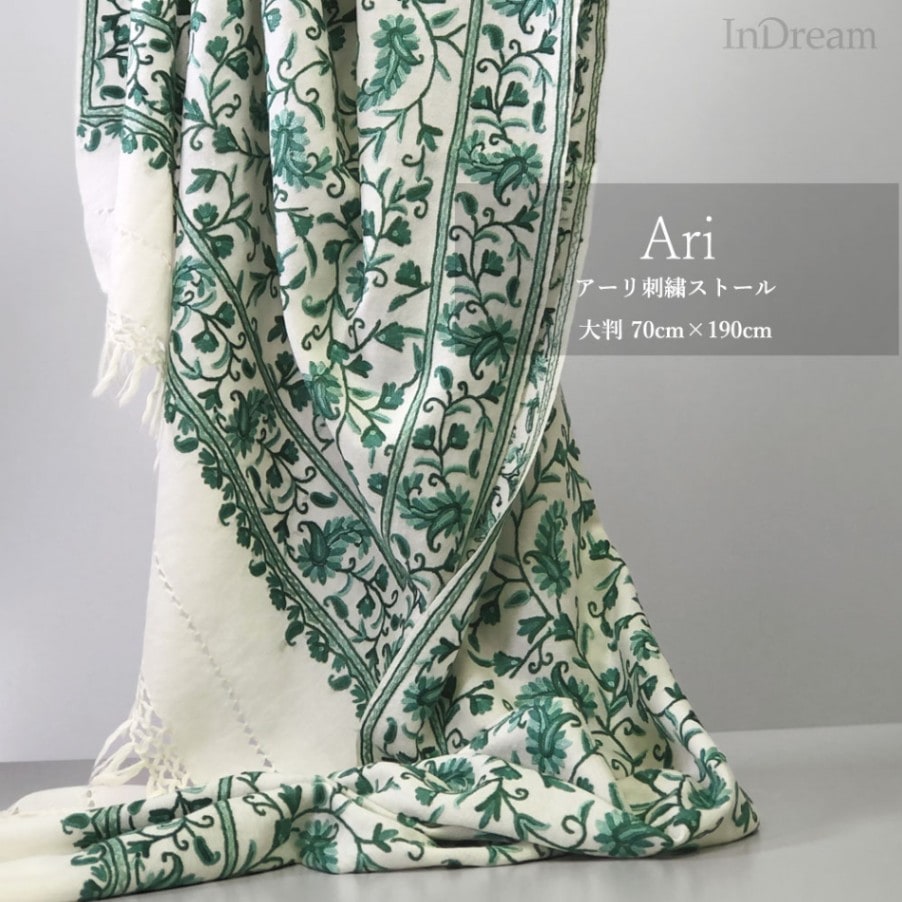InDream アーリ刺繍ストール 白 ホワイト グリーン 敬老の日 ギフト おしゃれ 誕生日 プレゼント 着物ショール 50代 60代 70代 80代