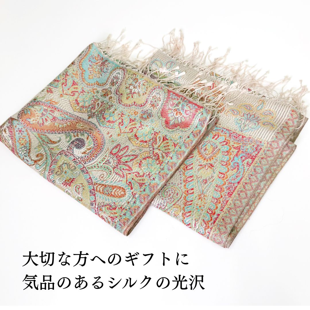 InDream ペイズリー柄 シルク ストール 中判 ［55cmx180cm］ アイボリー 大判 スカーフ レディース メンズ マフラー 誕生日 プレゼント 敬老の日 ギフト 50代 60代 70代 