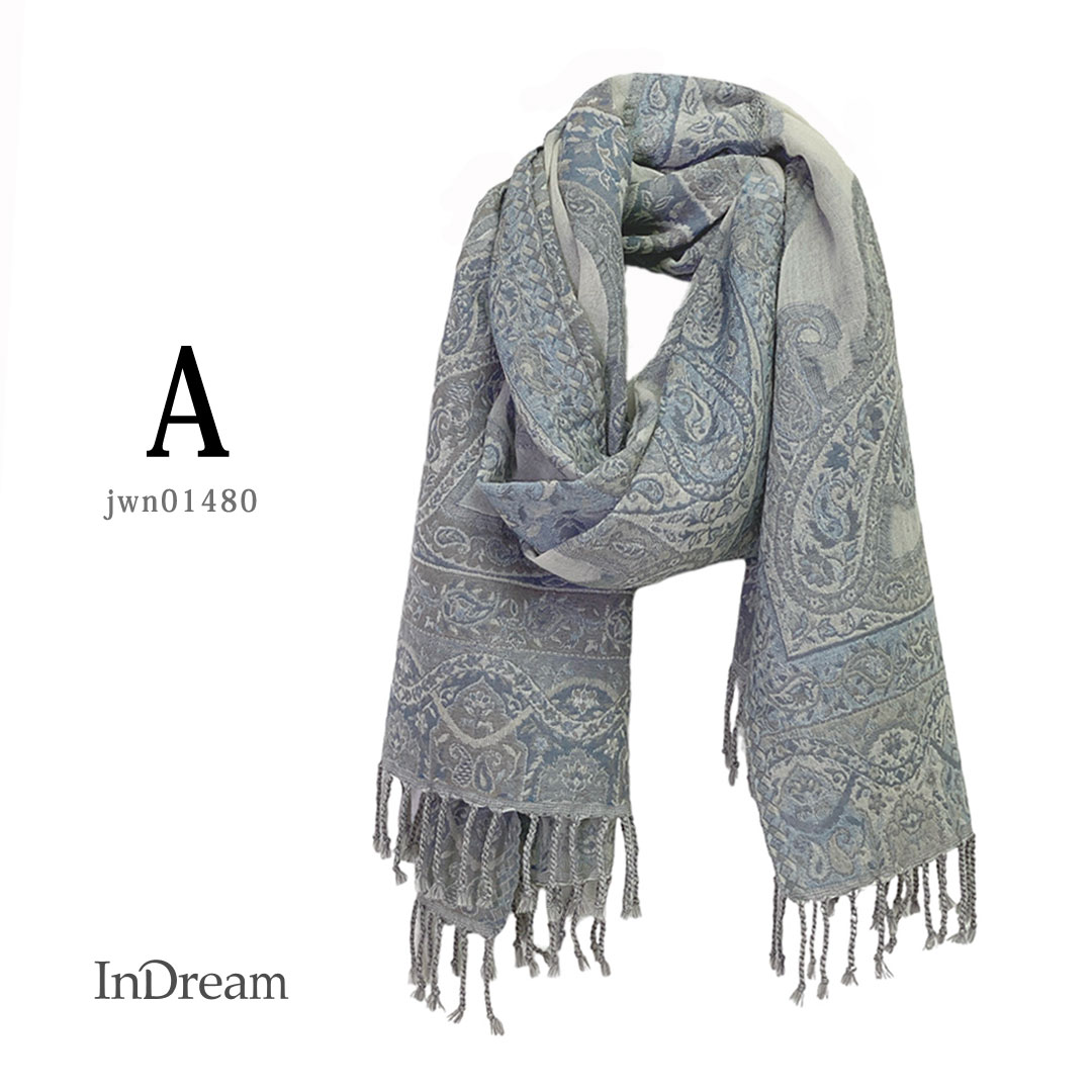 InDream ペイズリー柄 ウール ストール 一点もの 大判 ［68cmx180cm］ グレー/ホワイト グリーン/ベージュ/ピンク クリスマス ギフト おしゃれ 誕生日 プレゼント 秋冬 ひざ掛け メンズ マフラー 