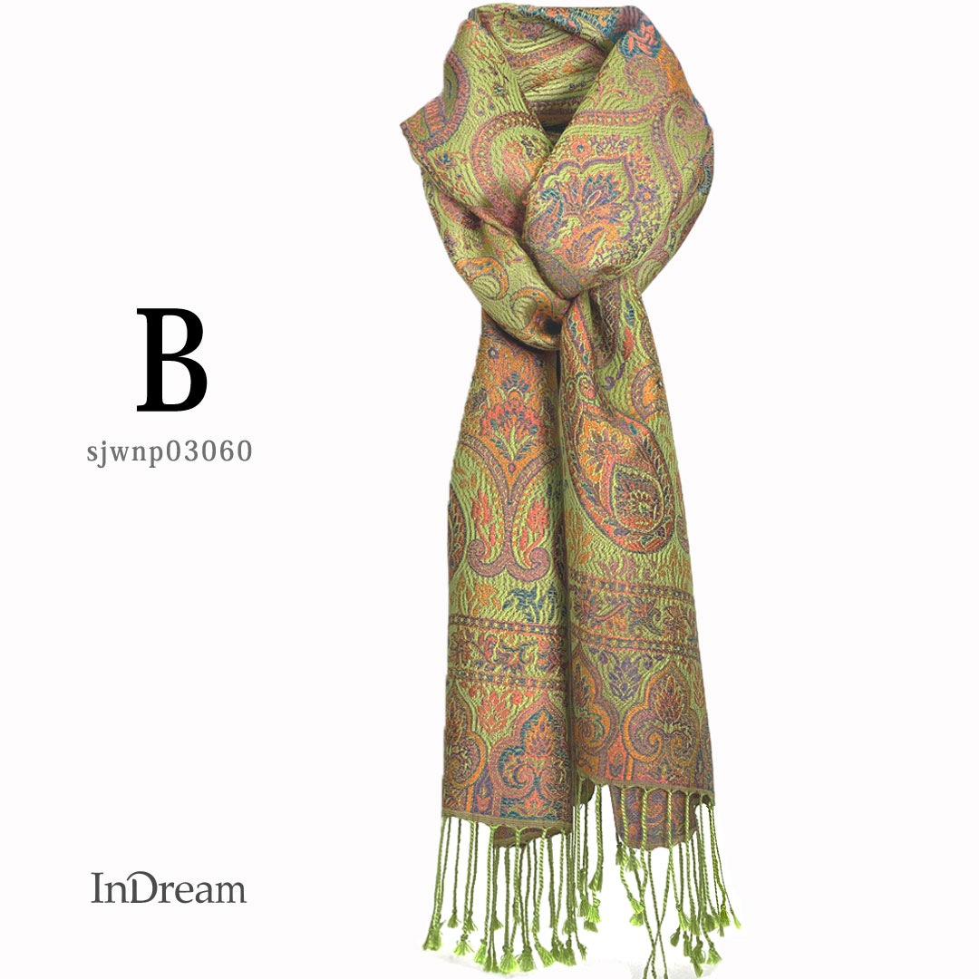 InDream ペイズリー柄 シルク ストール 小判 ［36cmx170cm］ グリーン オレンジ 春 秋冬 クリスマス ギフト おしゃれ 誕生日 プレゼント  50代 60代 70代 80代