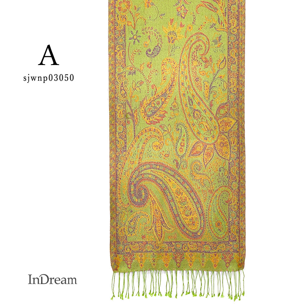 InDream ペイズリー柄 シルク ストール 小判 ［36cmx170cm］ グリーン オレンジ 春 秋冬 クリスマス ギフト おしゃれ 誕生日 プレゼント  50代 60代 70代 80代