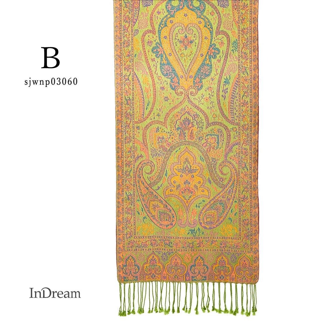 InDream ペイズリー柄 シルク ストール 小判 ［36cmx170cm］ グリーン オレンジ 春 秋冬 クリスマス ギフト おしゃれ 誕生日 プレゼント  50代 60代 70代 80代