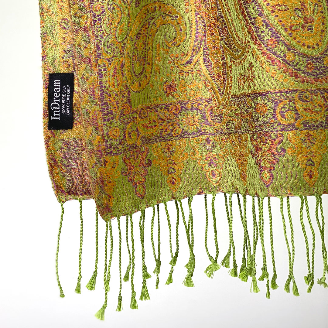 InDream ペイズリー柄 シルク ストール 小判 ［36cmx170cm］ グリーン オレンジ 春 秋冬 クリスマス ギフト おしゃれ 誕生日 プレゼント  50代 60代 70代 80代