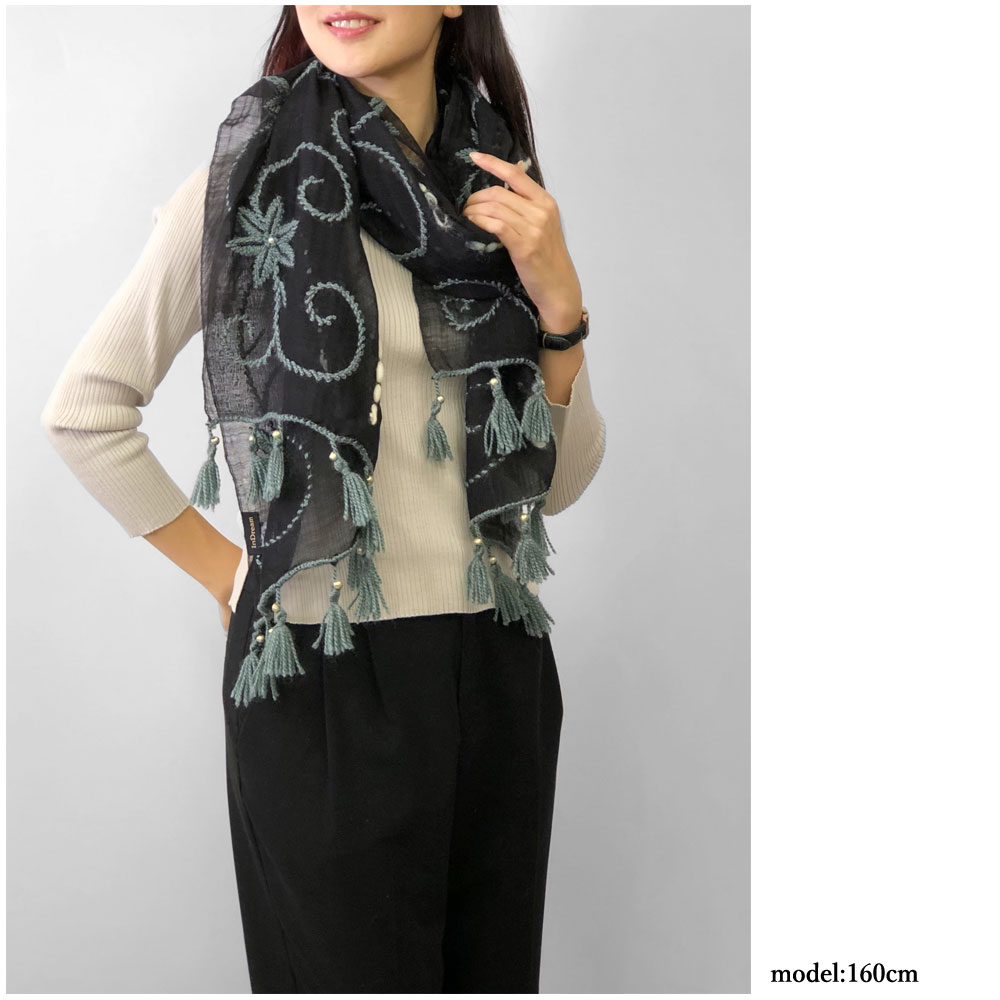 InDream ストール シルクウール ブラック/グレー/ホワイト 毛糸刺繍 秋冬 カジュアル 秋冬 40代 50代 60代 70代