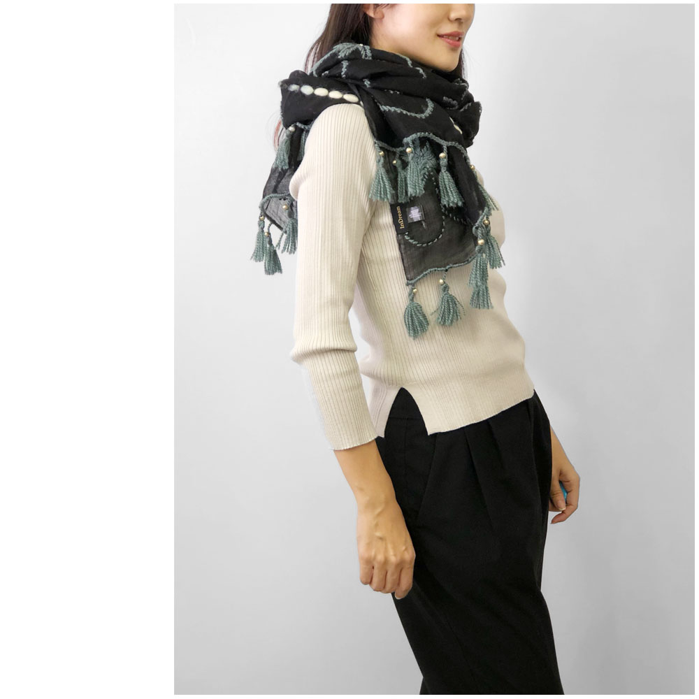 InDream ストール シルクウール ブラック/グレー/ホワイト 毛糸刺繍 秋冬 カジュアル 秋冬 40代 50代 60代 70代