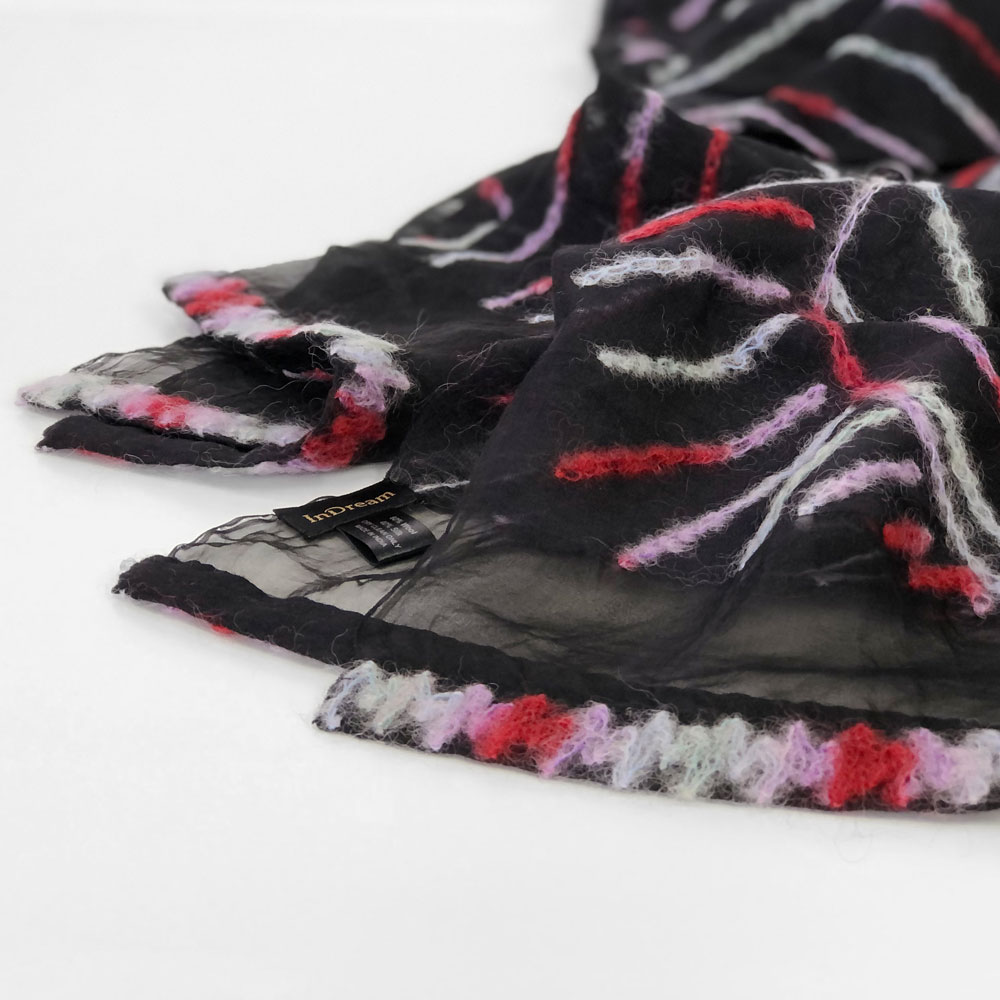 InDream ストール シルクウール ブラック/レッド/パープル/グリーン 毛糸刺繍 パーティー 秋冬 40代 50代 60代 70代