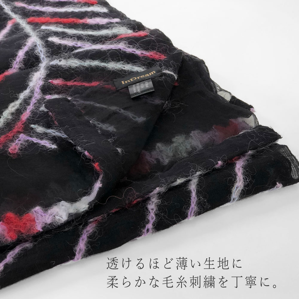 InDream ストール シルクウール ブラック/レッド/パープル/グリーン 毛糸刺繍 パーティー 秋冬 40代 50代 60代 70代