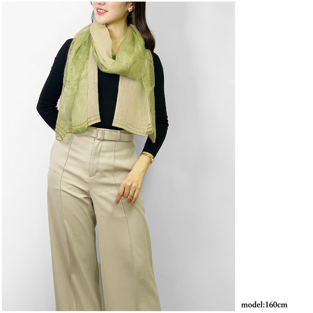 InDream シルクウールストール ライムグリーン 緑 グリーン  ビーズ レース スパンコール 還暦 古希 ギフト 旅行 30代 40代 50代 60代