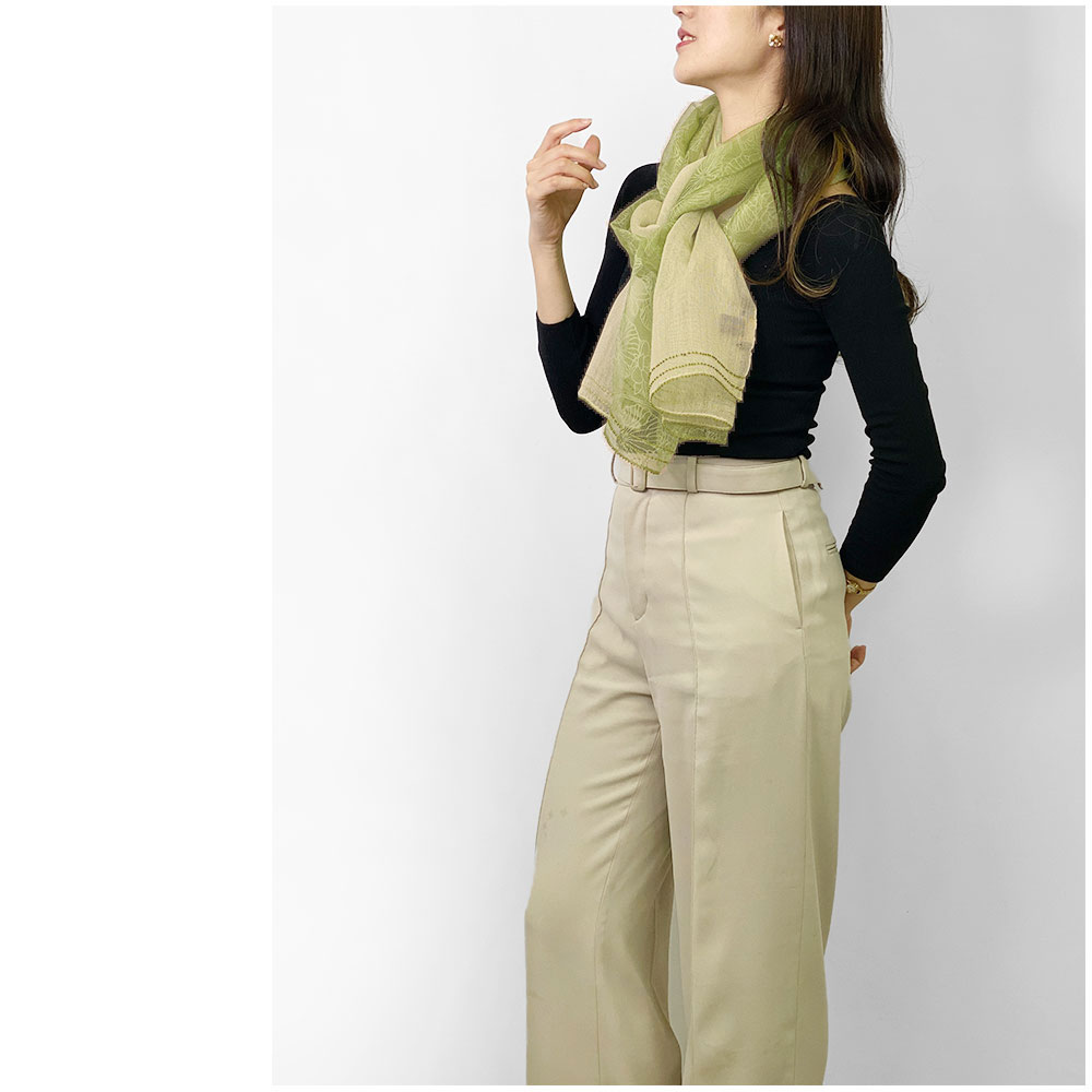 InDream シルクウールストール ライムグリーン 緑 グリーン  ビーズ レース スパンコール 還暦 古希 ギフト 旅行 30代 40代 50代 60代