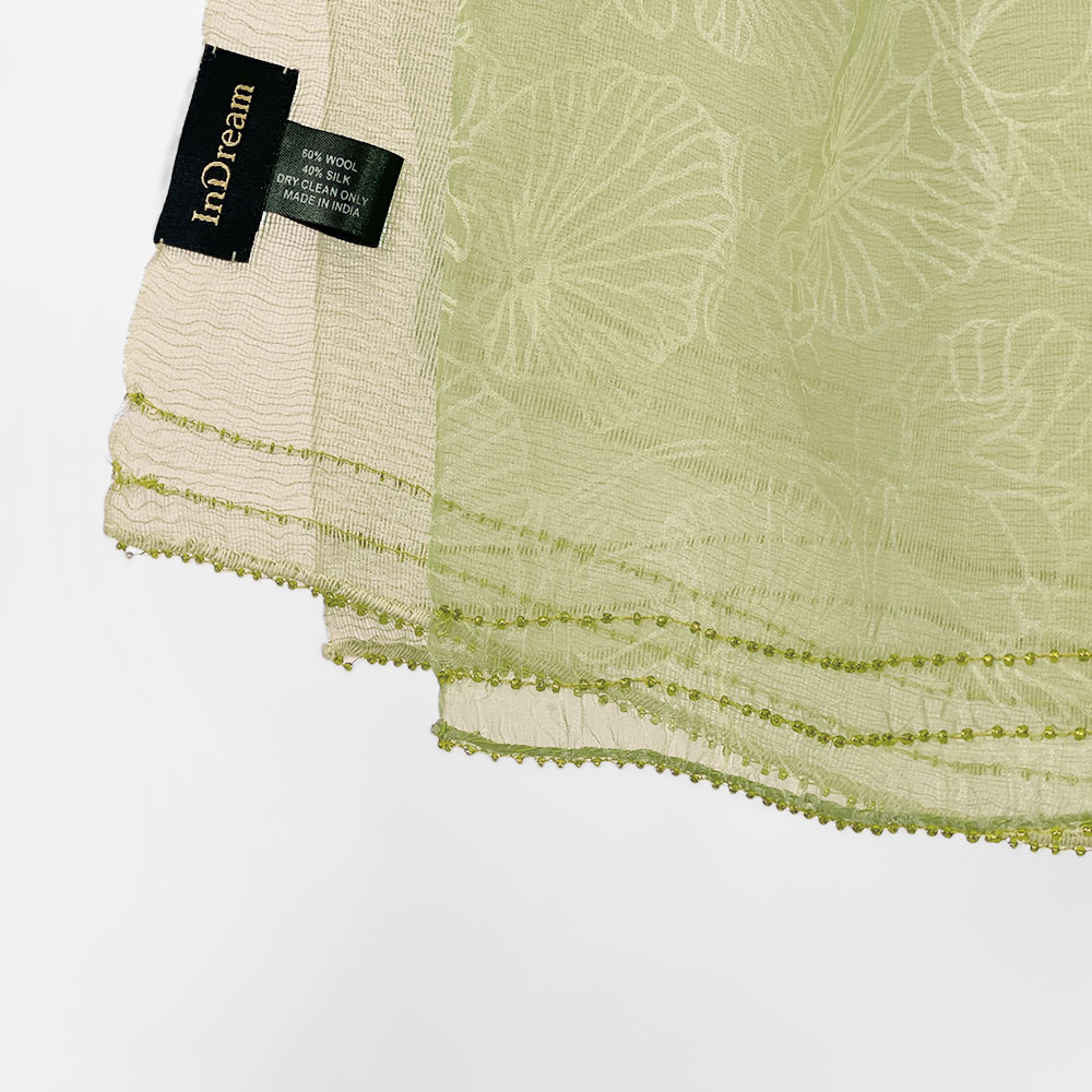 InDream シルクウールストール ライムグリーン 緑 グリーン  ビーズ レース スパンコール 還暦 古希 ギフト 旅行 30代 40代 50代 60代
