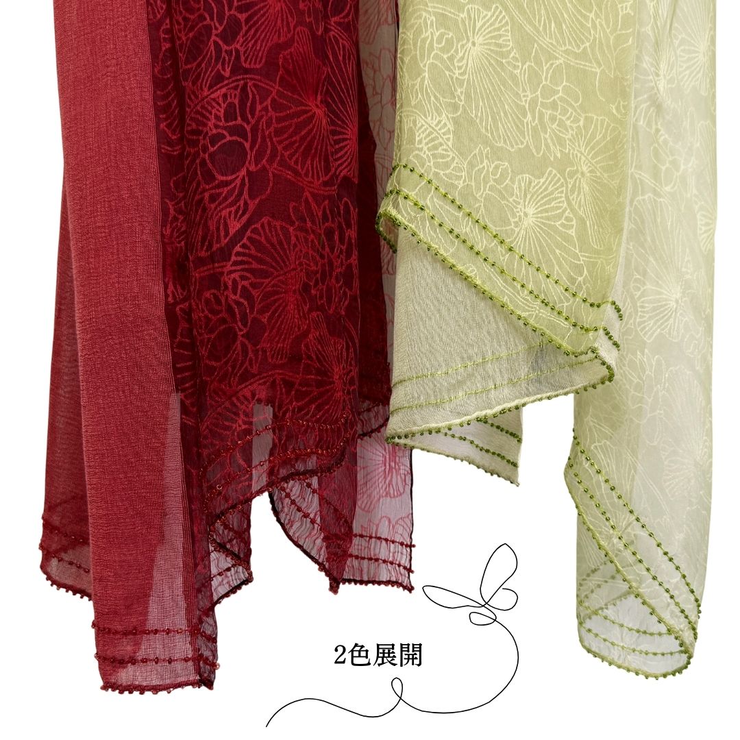 InDream シルクウールストール ライムグリーン 緑 グリーン  ビーズ レース スパンコール 還暦 古希 ギフト 旅行 30代 40代 50代 60代