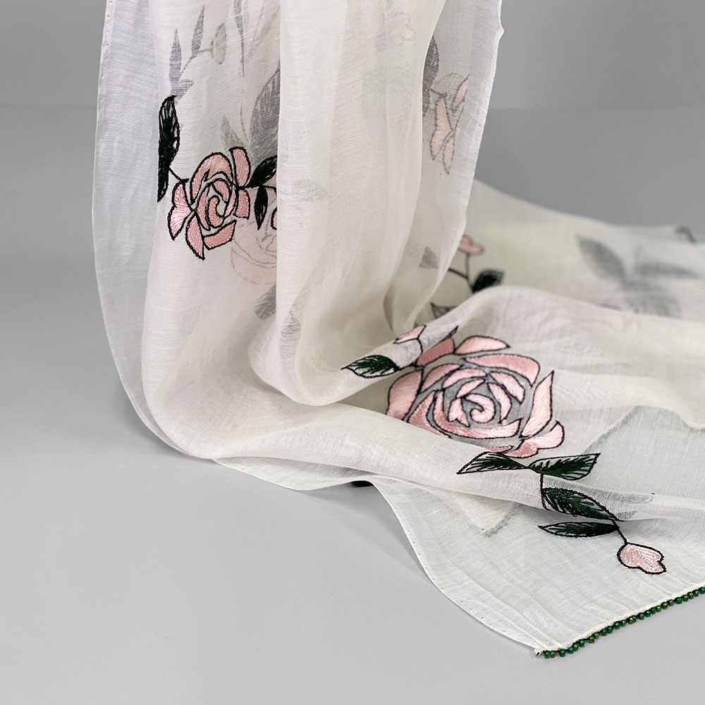 InDream シルク コットン ストール白 ホワイト /ピンク 花刺繍 結婚式 パーティー 春夏 30代 40代 50代 60代