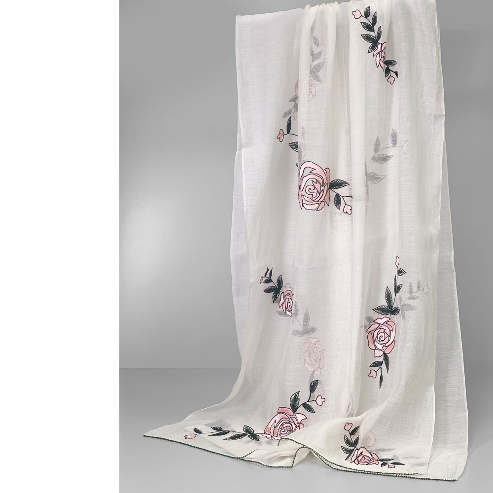 InDream シルク コットン ストール白 ホワイト /ピンク 花刺繍 結婚式 パーティー 春夏 30代 40代 50代 60代