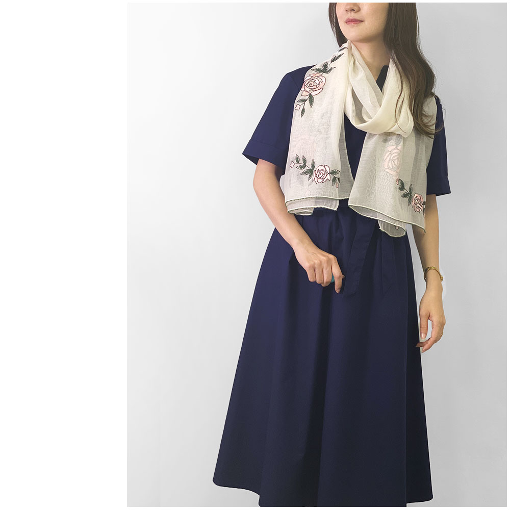 InDream シルク コットン ストール白 ホワイト /ピンク 花刺繍 結婚式 パーティー 春夏 30代 40代 50代 60代