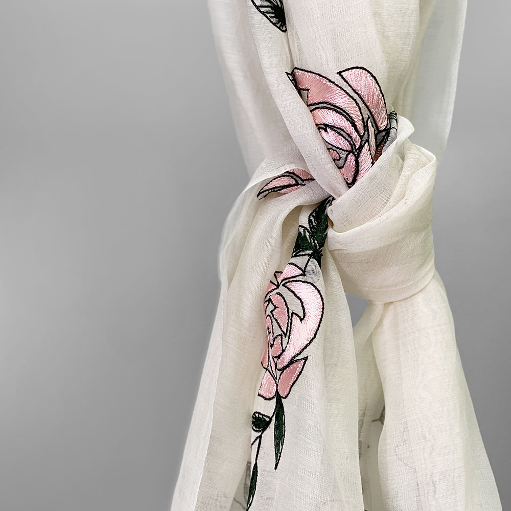 InDream シルク コットン ストール白 ホワイト /ピンク 花刺繍 結婚式 パーティー 春夏 30代 40代 50代 60代