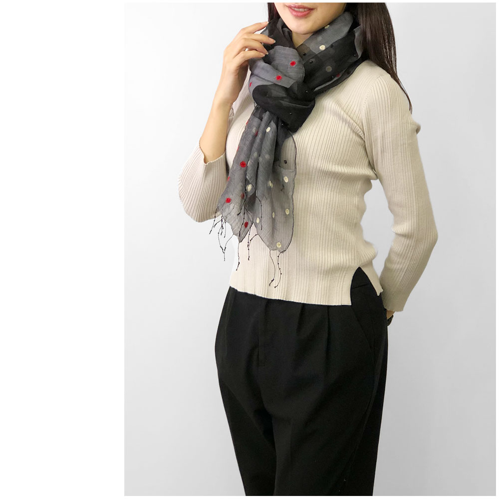 InDream シルクウール ストール  ブラック/レッド ホワイト ドット 毛糸刺繍 結婚式 パーティー ストール 春 春 秋 冬 クリスマス ギフト おしゃれ 誕生日 プレゼント 女性おしゃれ