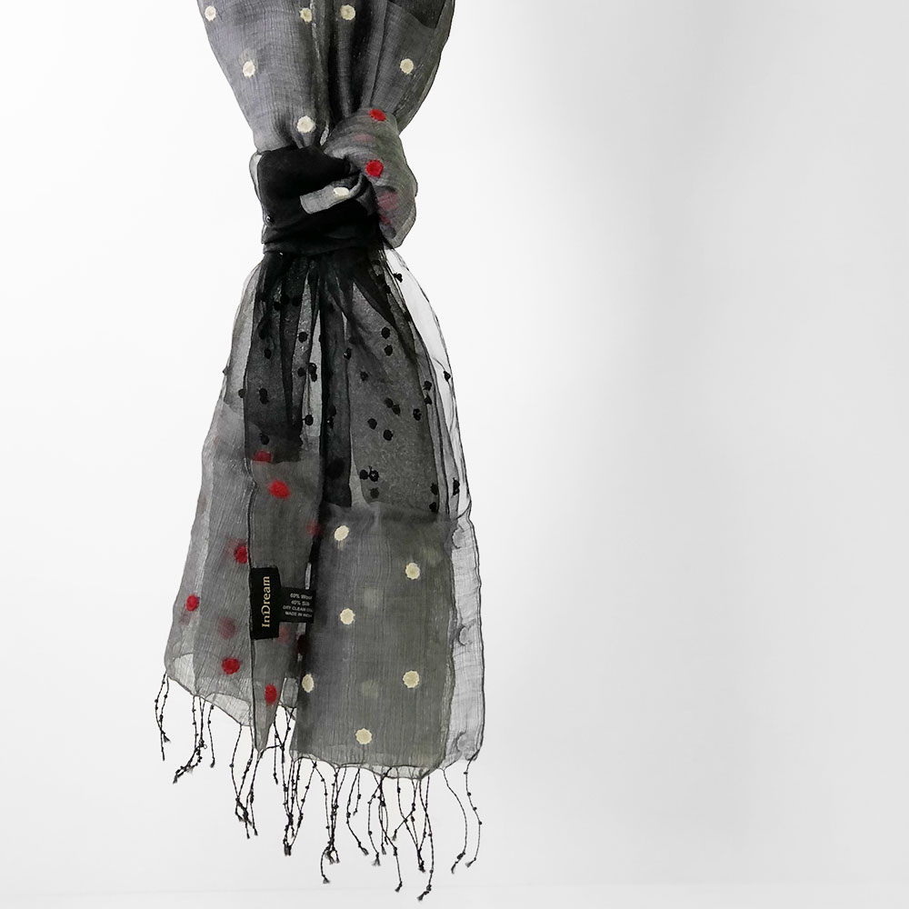 InDream シルクウール ストール  ブラック/レッド ホワイト ドット 毛糸刺繍 結婚式 パーティー ストール 春 春 秋 冬 クリスマス ギフト おしゃれ 誕生日 プレゼント 女性おしゃれ