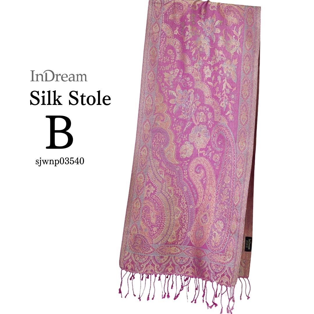 InDream ペイズリー柄 シルク ストール 小判 36cmx170cm スカーフ パープル ピンク 古希 お祝い クリスマス ギフト おしゃれ 誕生日 プレゼント おしゃれ 50代 60代 70代 80代