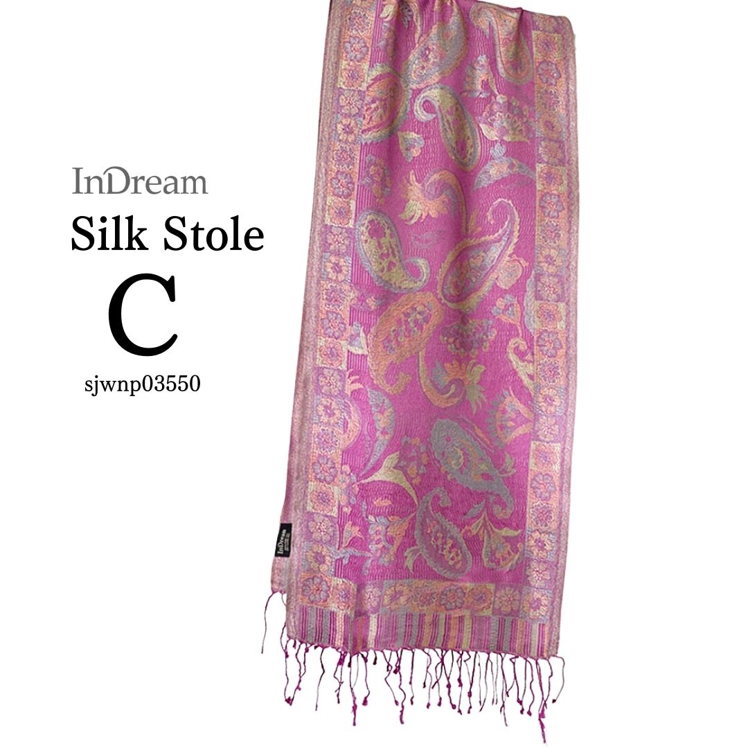 InDream ペイズリー柄 シルク ストール 小判 36cmx170cm スカーフ パープル ピンク 古希 お祝い クリスマス ギフト おしゃれ 誕生日 プレゼント おしゃれ 50代 60代 70代 80代